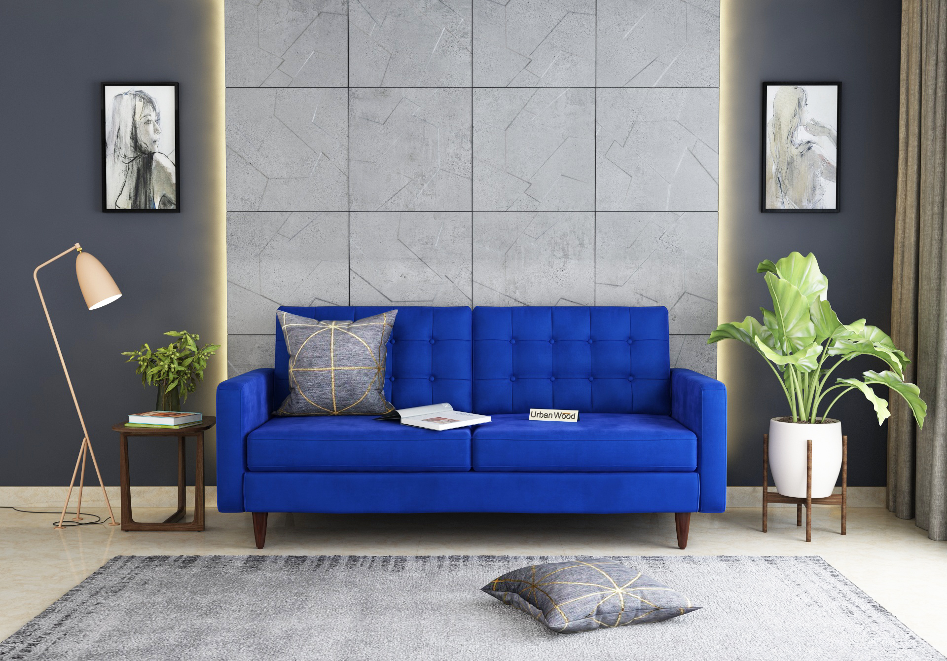 Buy Hamper 3 Seater Sofa (Velvet, Sapphire Blue) Online India : Urbanwood